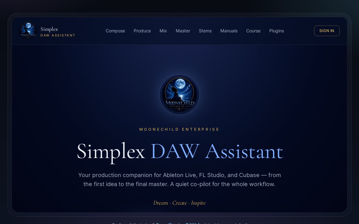 The Simplex DAW Assistant home screen with Compose, Produce, Mix, Master and Stems sections